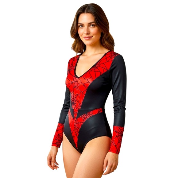 Fredrick's of Hollywood V-Neck Spiderwoman Long Sleeve Bodysuit Black/Red Medium - Picture 4 of 17
